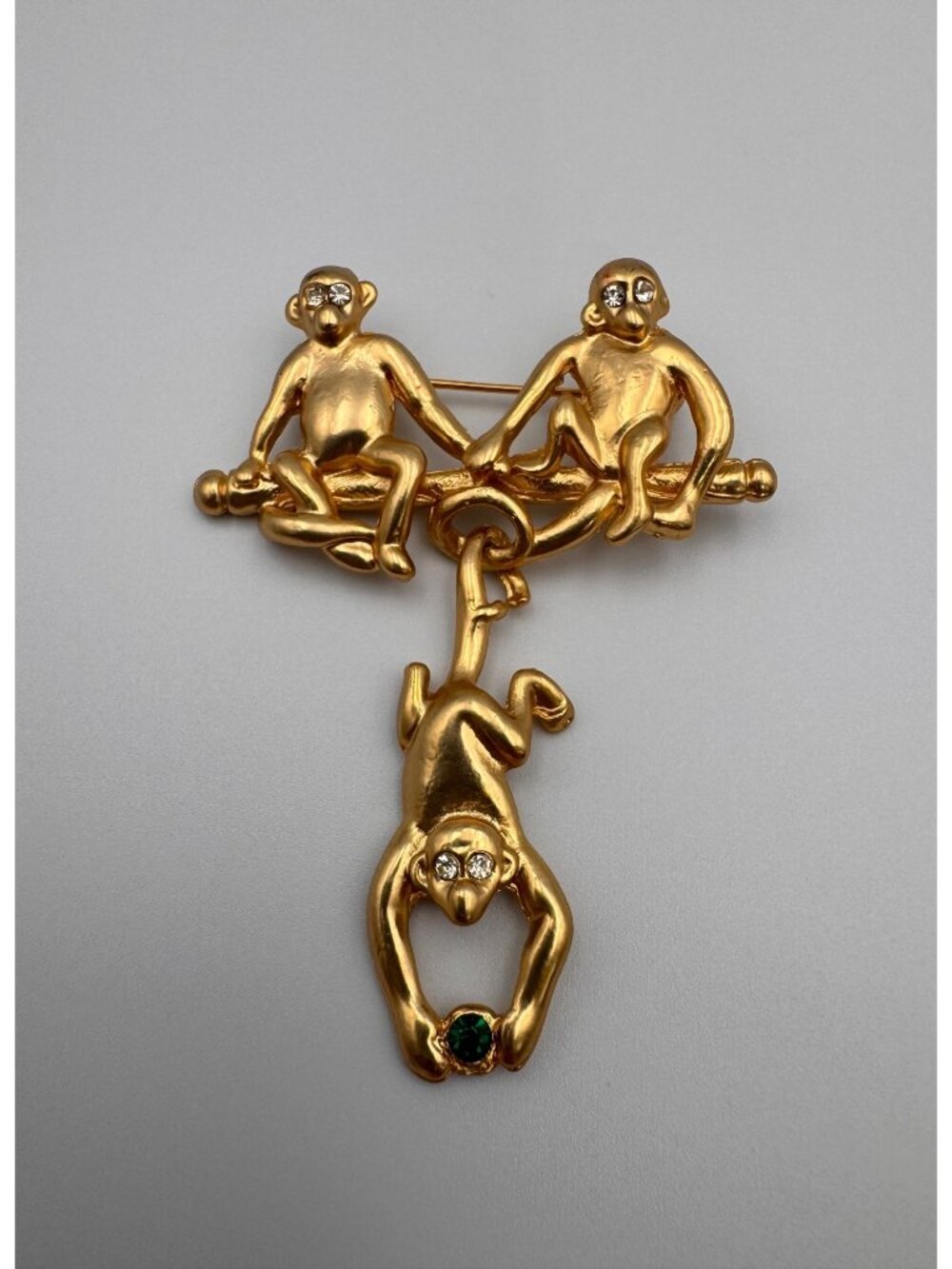 Vintage Monkey Trio Brooch Dangling Rhinestone Figural Gold Tone Pin